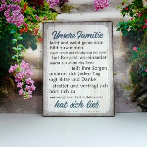 Deko Blechschild Unsere Familie lacht und weint gemeinsam hält zusammen macht Fehler und entschuldigt sich dafür