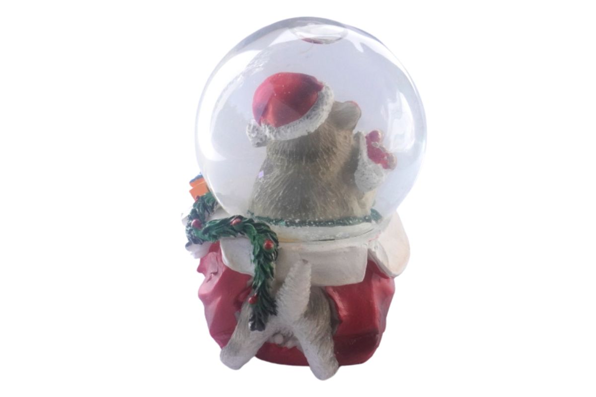 Deko Schneekugel Glimmerkugel Glitzerkugel Katze mit Weihnachtsmütze Beige