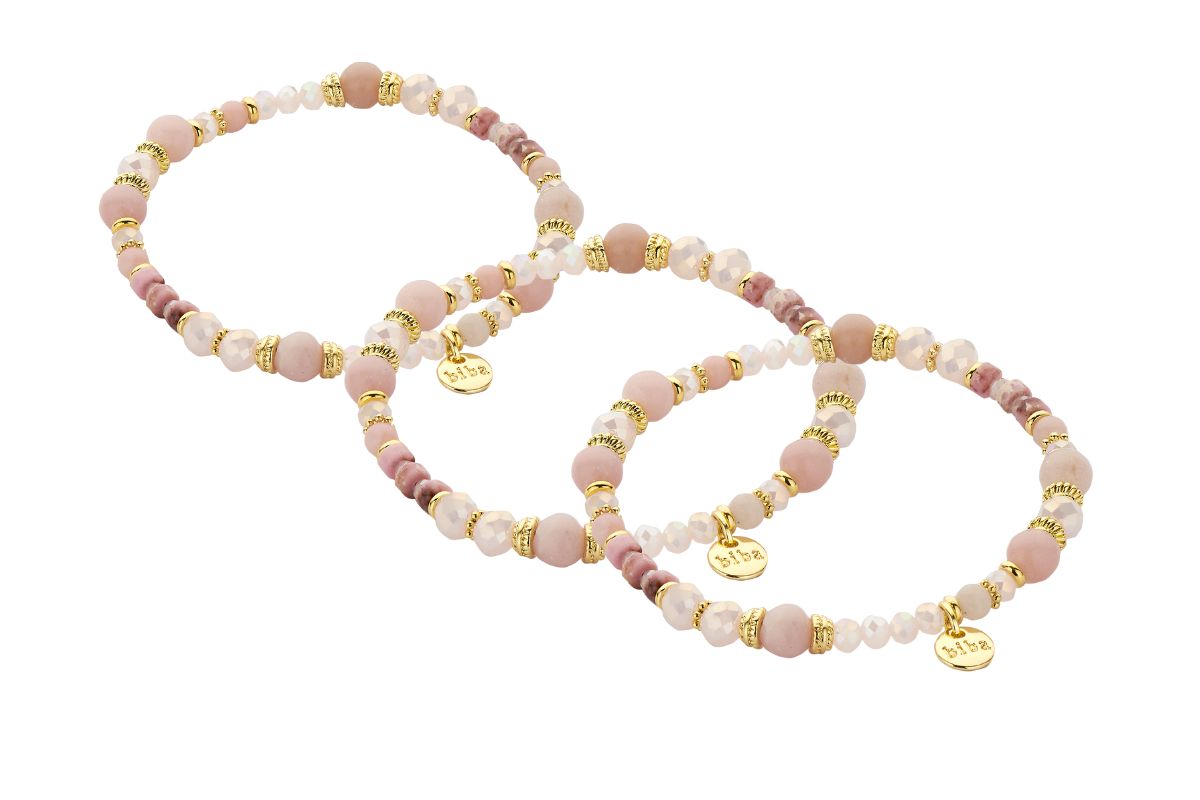Biba Armband Crystal & Naturstein Perlen Weiß Rosa Gold Damen Armband Biba Anhänger Gold