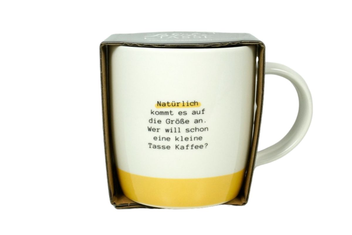 Grafik Werkstatt Henkelbecher Kaffeebecher Sprüchetasse Natürlich kommt es auf die Größe an.Wer will schon eine kleine Tasse Kaffee?