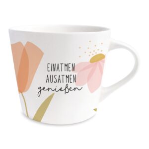 Grafik Werkstatt Henkelbecher Kaffeebecher Sprüchetasse Einatmen Ausatmen genießen