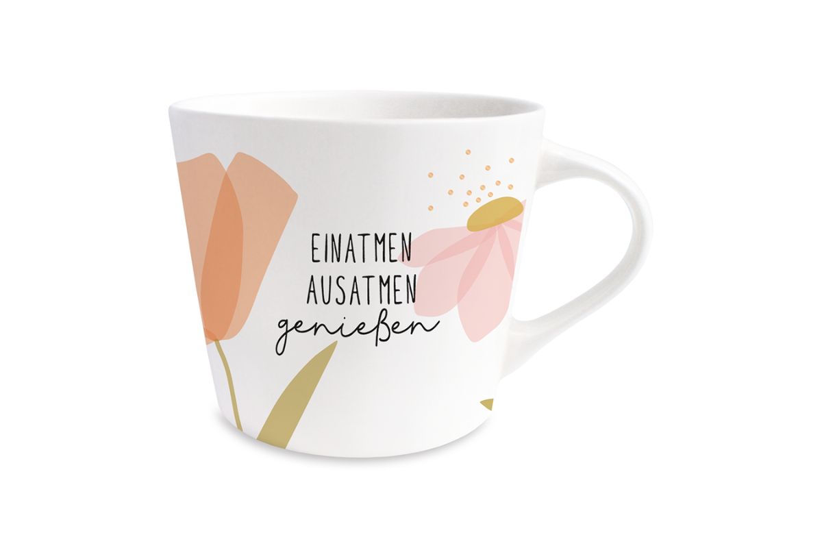 Grafik Werkstatt Henkelbecher Kaffeebecher Sprüchetasse Einatmen Ausatmen genießen