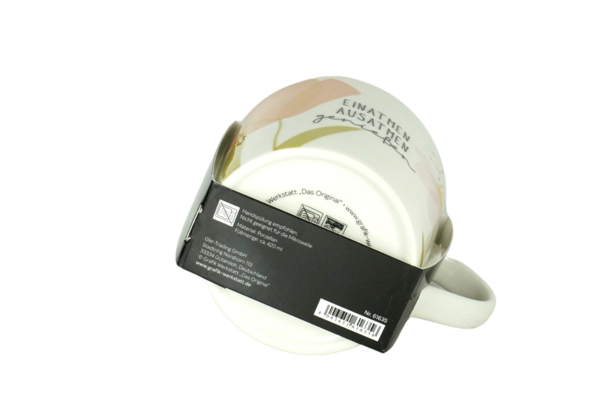 Grafik Werkstatt Henkelbecher Kaffeebecher Sprüchetasse Einatmen Ausatmen genießen