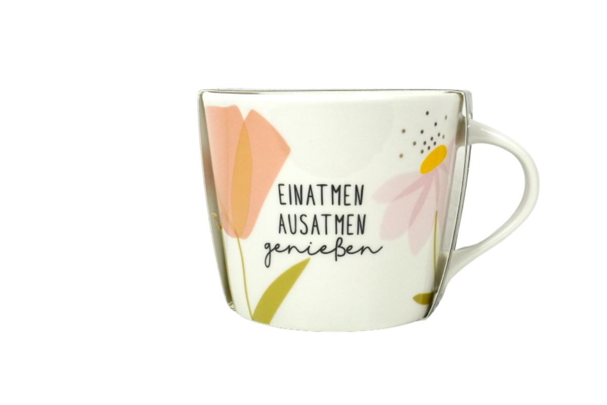 Grafik Werkstatt Henkelbecher Kaffeebecher Sprüchetasse Einatmen Ausatmen genießen