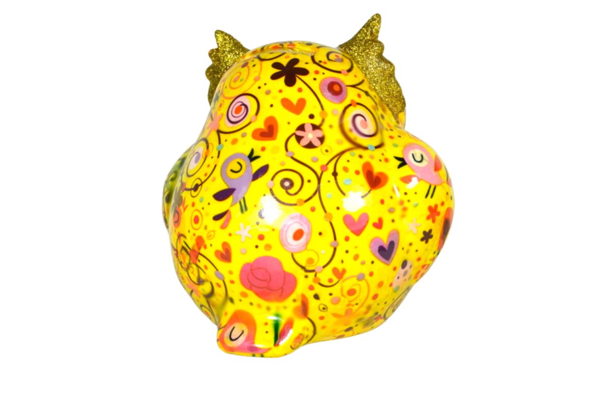 Pomme Pidou Spardose Money Bank Eule Olive Gelb Blumen