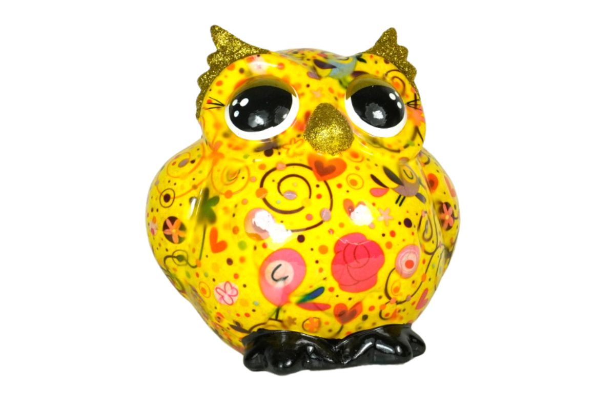 Pomme Pidou Spardose Money Bank Eule Olive Gelb Blumen