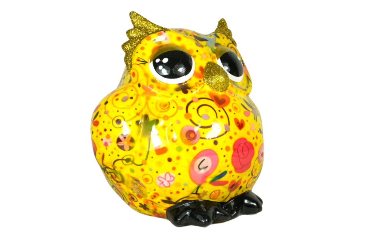 Pomme Pidou Spardose Money Bank Eule Olive Gelb Blumen