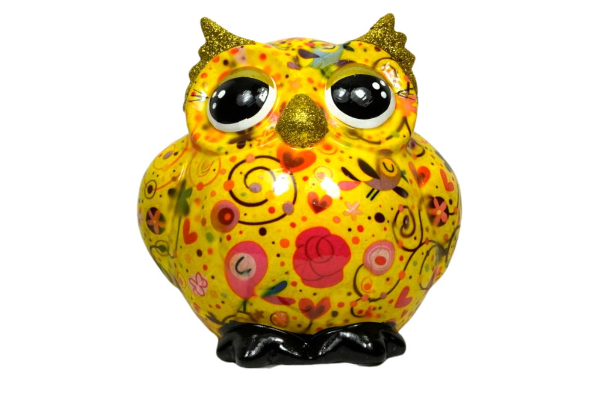 Pomme Pidou Spardose Money Bank Eule Olive Gelb Blumen