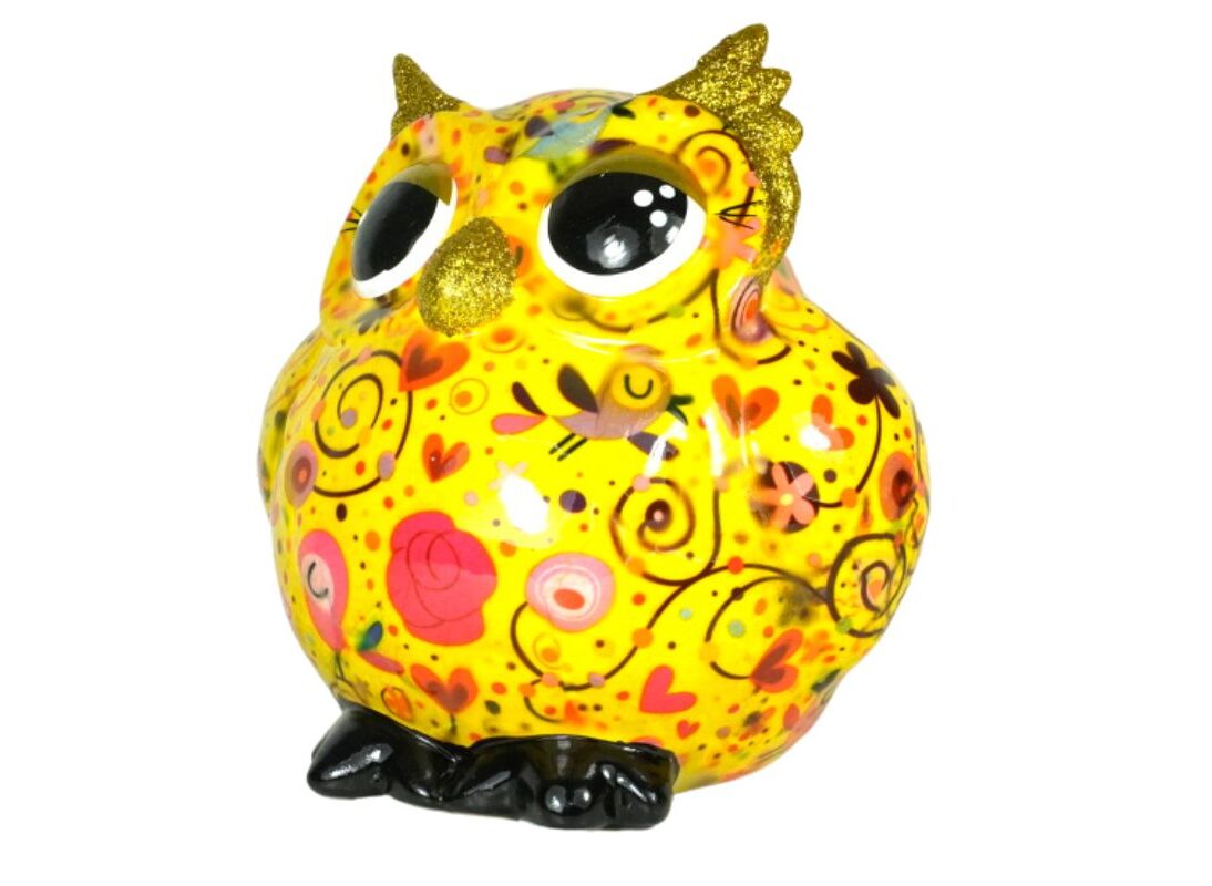 Pomme Pidou Spardose Money Bank Eule Olive Gelb Blumen