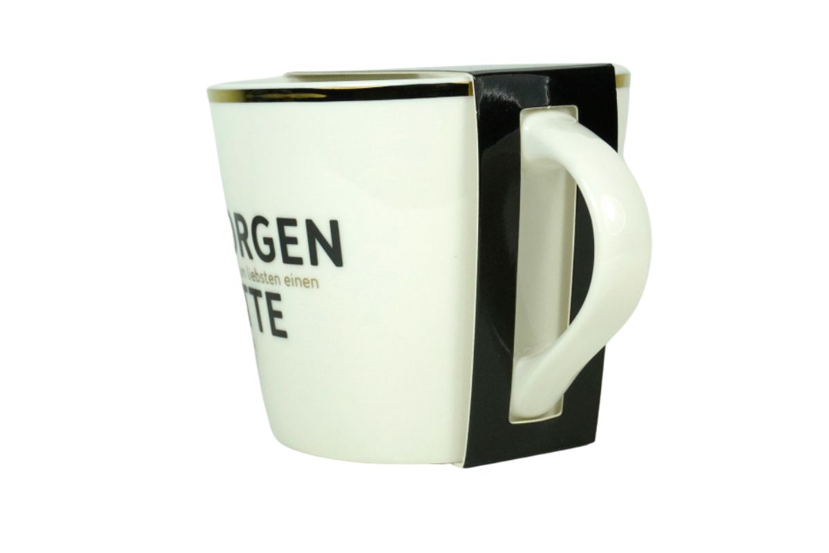 Grafik Werkstatt Henkelbecher Kaffeebecher Sprüchetasse Am Morgen trinke ich am liebsten Latte Macchiato