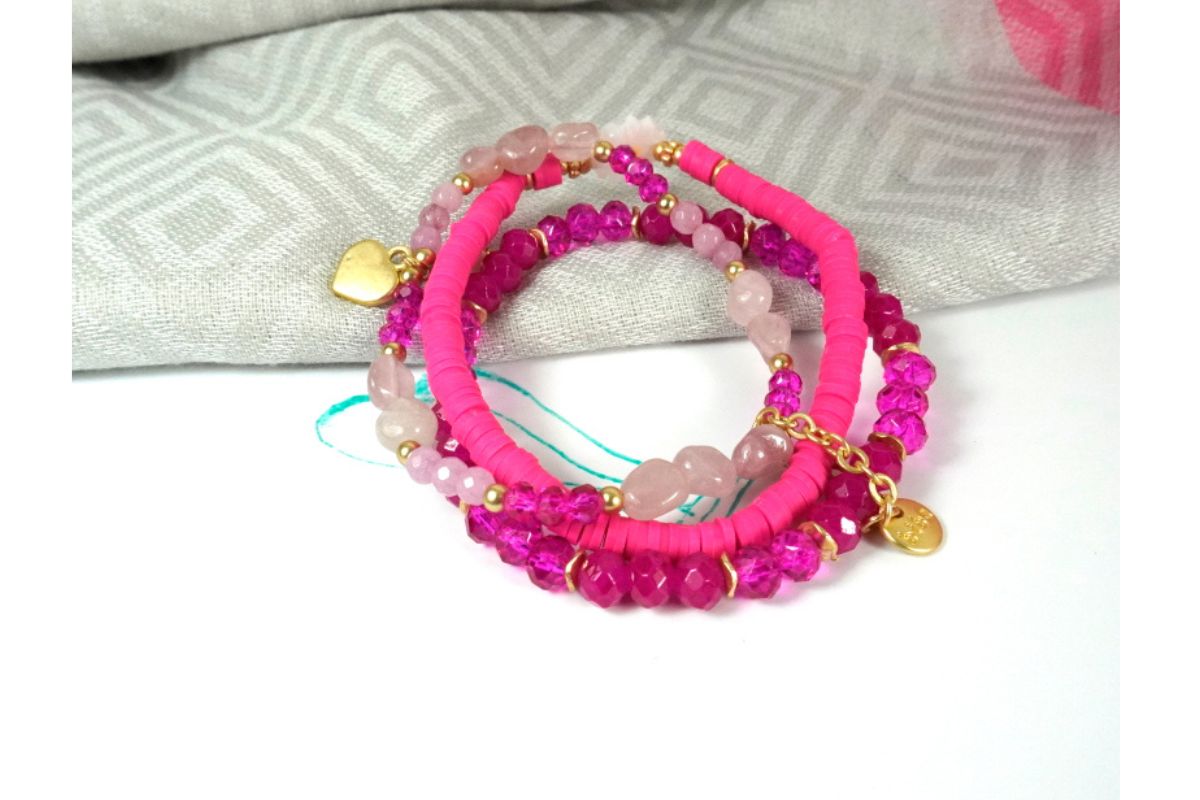 Biba Armband Trio Perlen Mix Damen Armband Pink Gold Anhänger