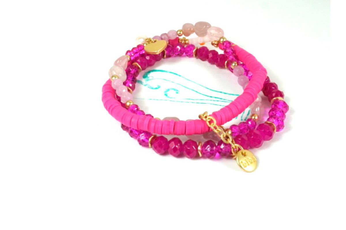 Biba Armband Trio Perlen Mix Damen Armband Pink Gold Anhänger