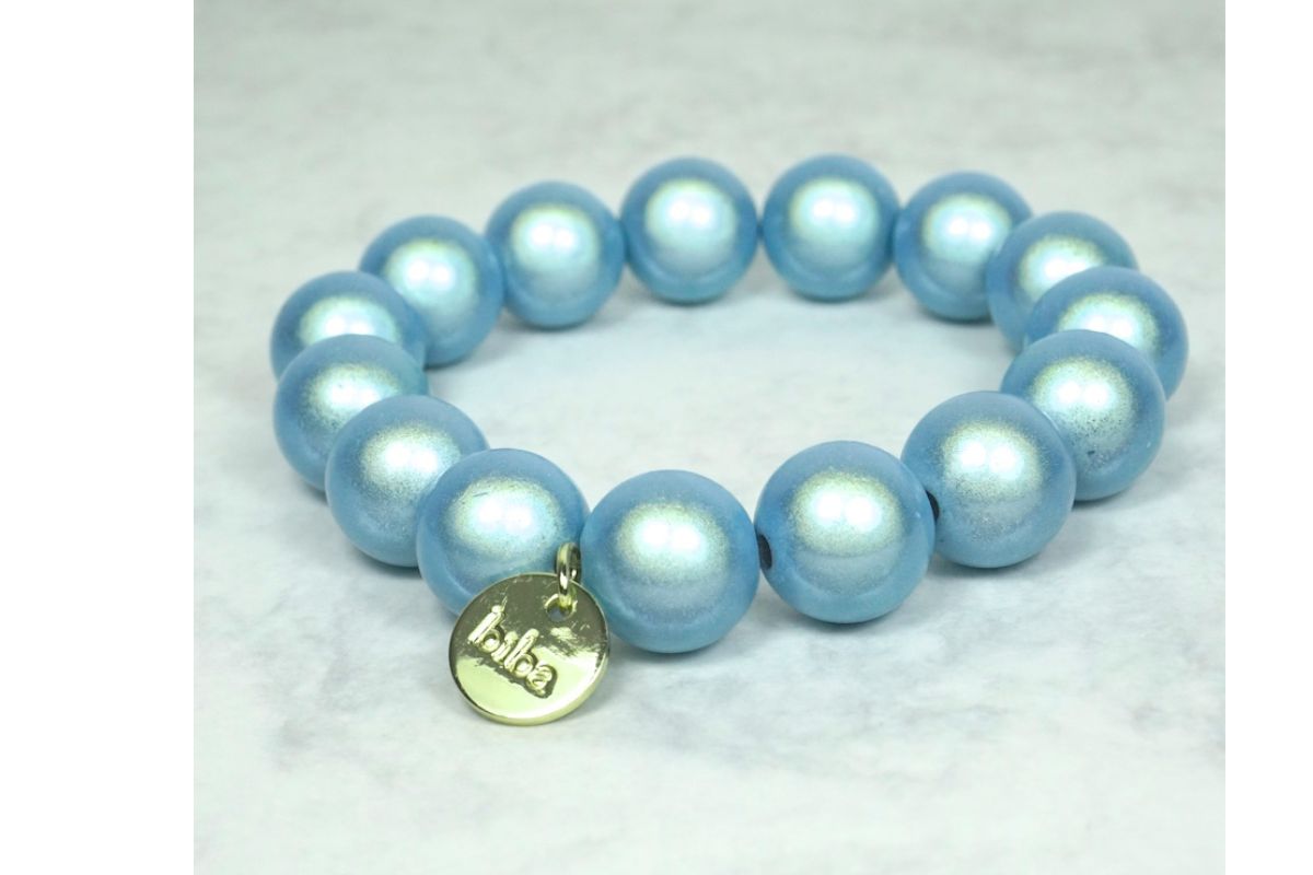 Biba Armband Polymer Perlen 12 cm Damen Armband hellblau Gold Anhänger