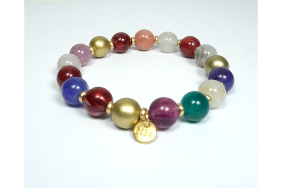 Biba Armband Resin Perlen Bunt 10mm Ø Damen Armband Gold Anhänger – Bild 2