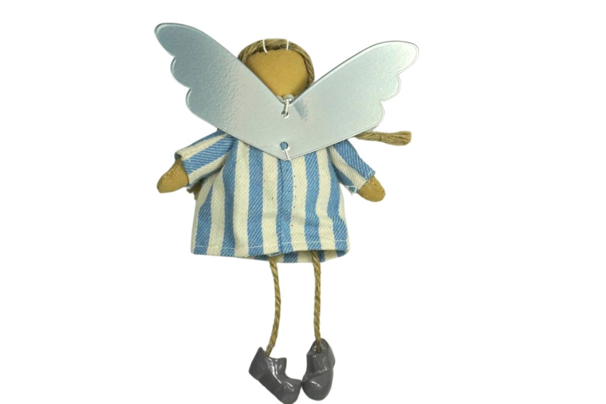 Baden Schutzengel Aufhänger Deko Engel im Stoffkleidchen Hellblau gestreift