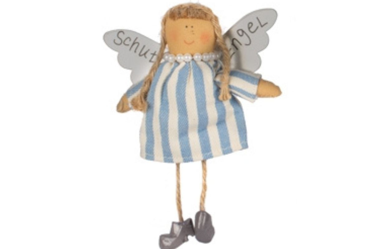 Baden Schutzengel Aufhänger Deko Engel im Stoffkleidchen Hellblau gestreift