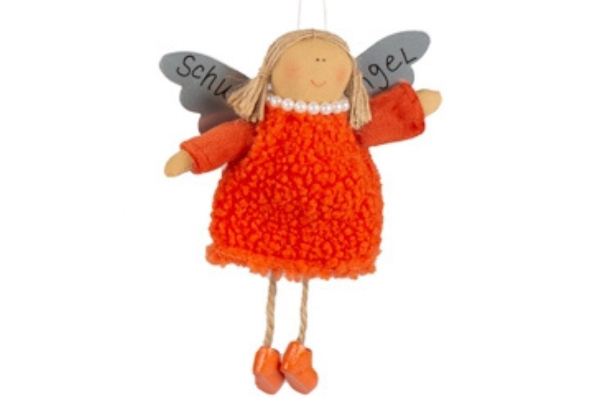 Baden Schutzengel Aufhänger Deko Engel im Fellkleidchen Orange Zöpfe