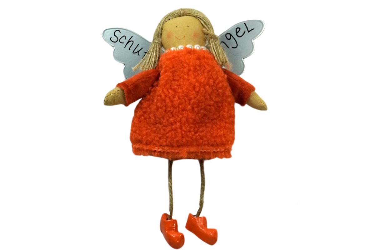 Baden Schutzengel Aufhänger Deko Engel im Fellkleidchen Orange Zöpfe