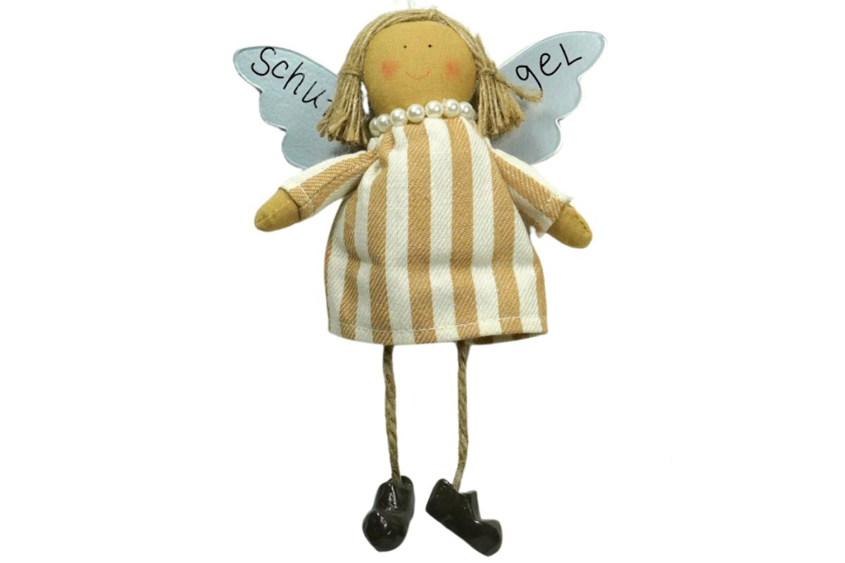 Baden Schutzengel Aufhänger Deko Engel im Stoffkleidchen Beige gestreift