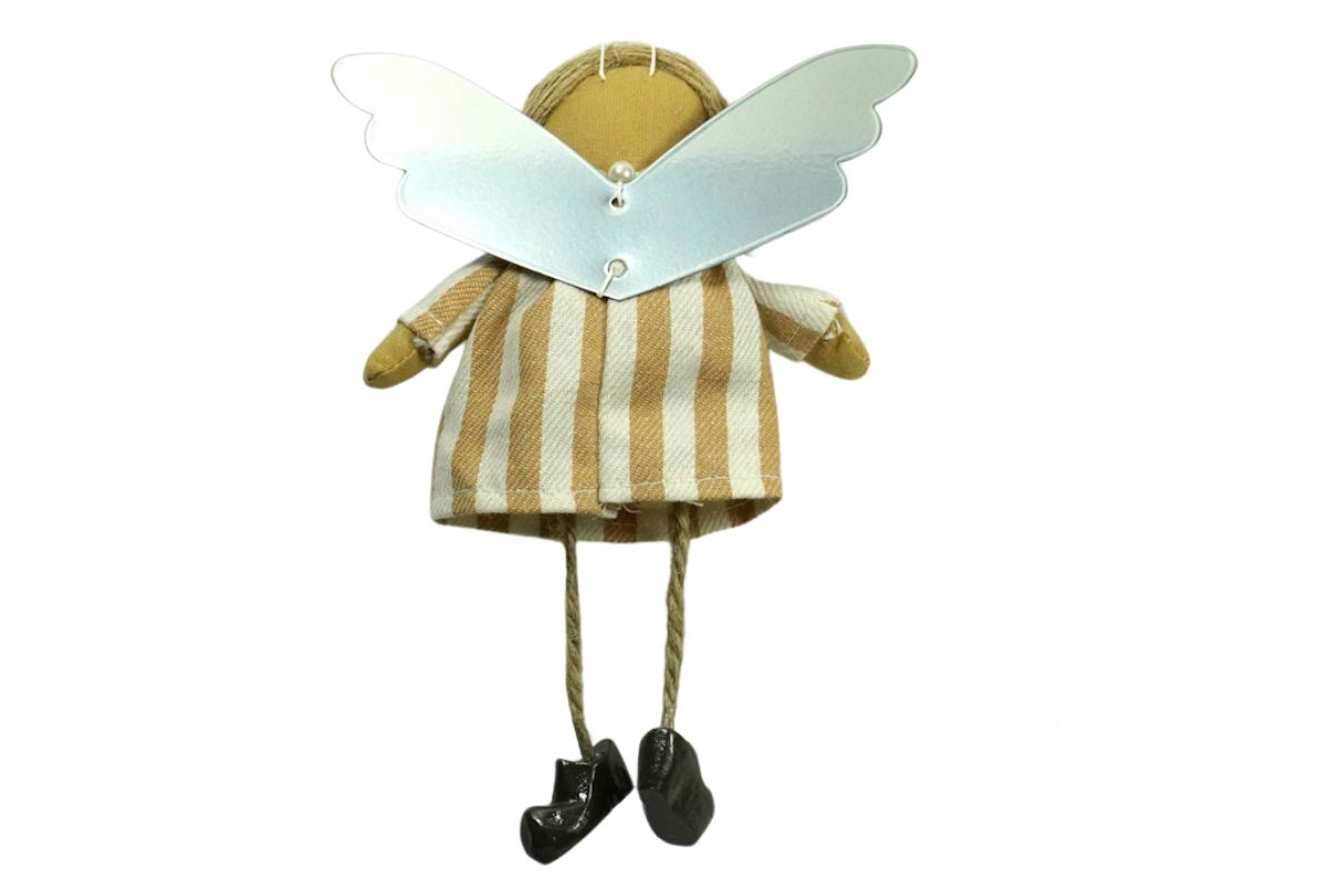 Baden Schutzengel Aufhänger Deko Engel im Stoffkleidchen Beige gestreift