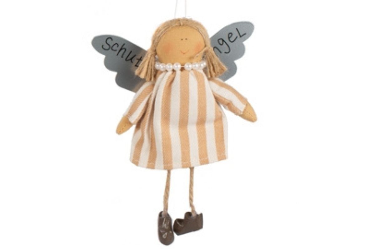 Baden Schutzengel Aufhänger Deko Engel im Stoffkleidchen Beige gestreift